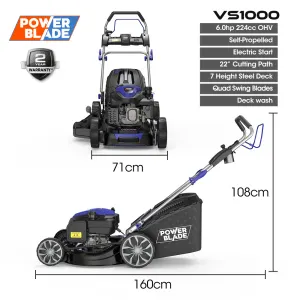 PowerBlade 22″ 224cc Self-Propelled Lawn Mower, Electric Start, 7 Height, Steel Deck, Deck Wash Port, OHV 4-Stroke Petrol – VS1000