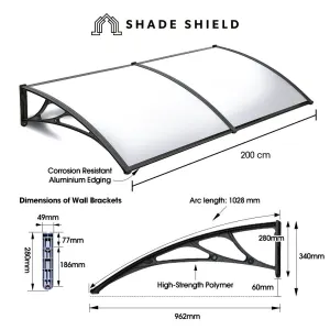 SHADE SHIELD 2x1m Aluminium Exterior Awning, Black DIY External UV Rain Protection Clear Polycarbonate Canopy Cover