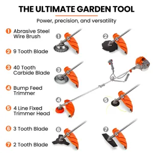 MTM 62cc 7in1 Brush Cutter Garden Multi-Tool , Pole Hedge & Line Trimmer, Bullhorn Handle, 12″ Tree Trimming Pruning