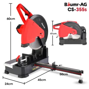 Baumr-AG 2400W 355mm 14″ Metal Cut Off Cold Saw, Premium Low Spark Ceramic Alloy Tooth Blade, Measurement Scale, Soft Start, 45 Degree Mitre Chop Cutting
