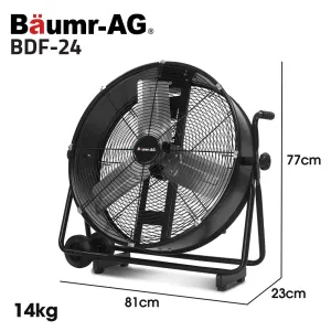 BAUMR-AG 24″ 610mm 260W Industrial Mobile Floor Drum Fan, Tilting, Large, Commercial, Heavy-duty Frame, EESS Certified
