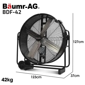 BAUMR-AG 42″ 1067mm 660W Industrial Mobile Floor Drum Fan, Belt Drive, Tilting, Large, Commercial,  Heavy-duty Frame, EESS Certified