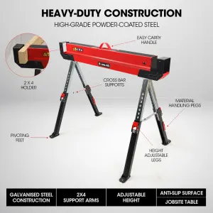 BAUMR-AG 2 x Steel Saw Horse, Folding Height Adjustable Sawhorse, 1180kg Capacity, 2×4 Support Arms