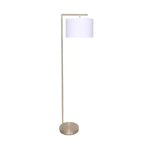 Sarantino Modern 90-Degree Arc Floor Lamp Brass Standing Light with Warm Fabric Drum Shade & Foot Switch 157cm
