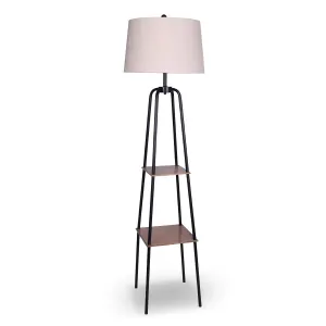 Sarantino Industrial Etagere Shelf Floor Lamp with 2 Wood Finish Metal Shelves Cream Linen Shade Standing Light