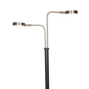Sarantino Dual LED Floor Lamp Adjustable Black Metal & Brushed Gold Twin Reading Task Standing Light for Home Office