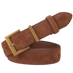 Women’s Genuine Suede Leather Belt Classic Pin Buckle Cowhide Belts – Caramel