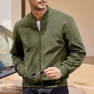 Men’s Varsity Bomber Flight Jacket Breathable Windbreaker Zip Coat Faux Leather, Green, L