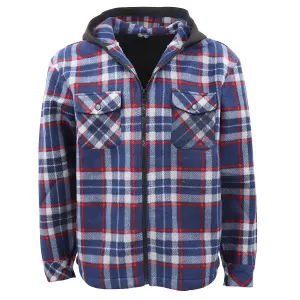 Men’s Hooded Flannel Jacket Flannelette Plaid Fleece Shirt Zip Up Winter Coat, Blue, S
