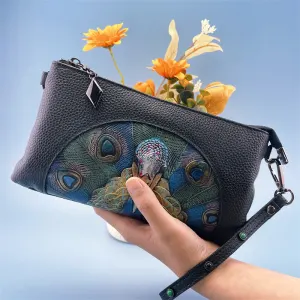 Women’s Embossed Peacock Leather Wristlet Clutch – Elegant and Artistic Handbag 23*12*2cm