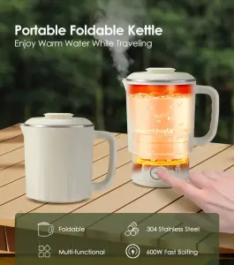 White Portable Foldable Travel Electric Kettle – 304 Stainless Steel Electric Water Boiler