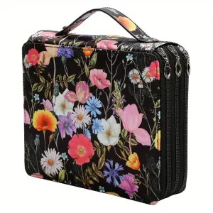 Background + Flowers Pattern 124-Slot Large Capacity Zippered Pencil Case - Triple-Layer Oxford Fabric Organizer for Colored Pencils, Art Supplies Storage Bag (Pencils Not Included)
