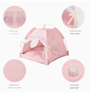 Pink Floral Portable Folding Pet Tent – Summer Cat & Dog Shelter with Mesh Window, Lightweight and Breathable, Ideal for Travel & Home Use 40x40x35CM