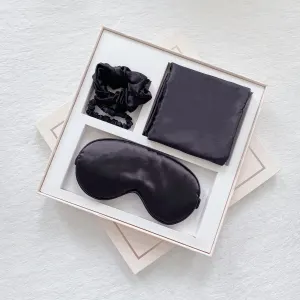 Luxury Satin Sleep Mask Gift Set,4-Piece with Pillowcase and Hair Accessories – Black