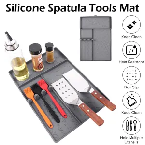 Heavy-Duty Silicone Griddle Tool Mat Integrated Tool & Bottle Slots – Non-Stick BBQ Tool Draining Grease Mat and Seasoning Station – Grey