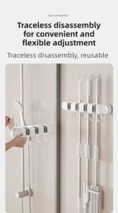 White Vacuum Suction Cup Mop & Broom Storage Rack Combination(3-Size: 2 Clips + 3 Clips + 4 Clips) – Heavy Duty Waterproof Rack for Bathroom & Kitchen