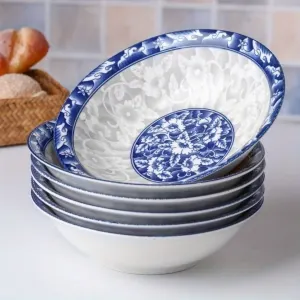 blue and white porcelain bowl, soup bowl, noodle bowl, ceramic bowl, large bowl, tableware, Australian home, dinnerware set, traditional design, durable ceramic – Cyan – Size 6pcs