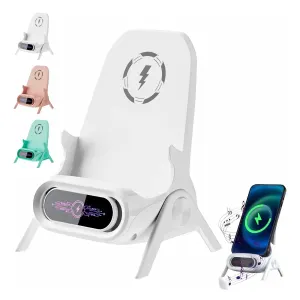 Mini Chair Wireless Fast Charger Multifunctional Phone Holder, Portable Mini Chair Wireless Charger with Speaker, 3-in-1 Charging Desktop Stand for Phones – White
