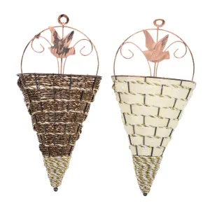 Triangle Wall Hanging Plant Container 2pcs Iron Retro Style Woven Basket Design, for Dried Flowers and Fresh Flowers, Office or Greening Projects, Unique Vintage Piece(Brown)