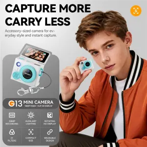 Sized Double Lens Camera with 32GB Memory Card, Green
Double Lens Miniature Thumb Camera with Reversible Display and 21 for Selfie Action Photography(Pink)
