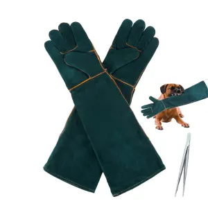 1 Pair 24.4in Animal Handling Gloves Bite Proof, Leather Welding Gloves
Reinforced Leather Gloves with 2 Tweezers for Dog Training,Cat,Falcon,Reptile(Blue)