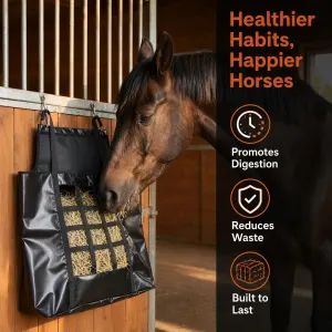 Horse Slow Feed Hay Net with Metal Rings – Durable Hay Feeder Bag for Stables, Trailers & Travel, Slow Feeding Net for Horses(Black)