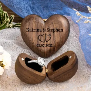Personalized Heart Shaped Wedding Ring Box – Single-Compartment Walnut Wood Ring Holder for Proposal, Engagement & Wedding, Romantic Newlywed Gift for Her(Brown)