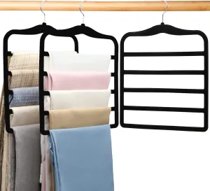 3-Pack Black 5-Tier Velvet Pants Hangers—Swivel Hook, Multi-Use for Pants, Scarves, Towels & Ties—Space-Efficient Closet Organizer for Apartments, Dorms, Small Spaces – Black
