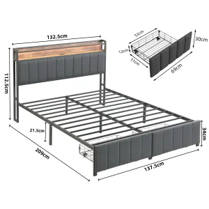 Double Bed Frame with 2 Storage Drawers and LED Lights Headboard, Upholstered Bed Frame with Charging Station, No Box Spring Needed, Easy Assembly – Grey