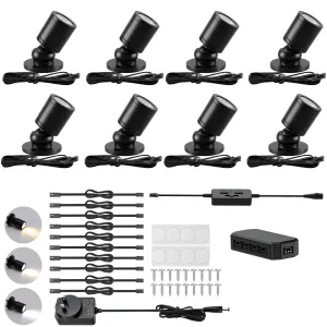 Dimmable LED Mini Spotlight, 12V CCT 2700K-6000K, Adjustable for Display, Cabinet, Showcase, Artwork, 360° Rotatable Accent Lighting, Surface Mount with Slider Dimmer & Adapter (CCT, 8Pack)