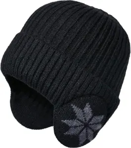 Winter Earmuff Hat Plush Knitted Fleece Lined Black