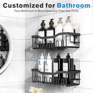 2 Pack Adhesive Shower Caddies, No-Drill Rustproof Bathroom Storage Organisers for Shampoo, Toiletries, Kitchen Supplies and Home Storage, Black