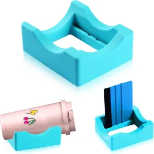 Silicone Tumbler Cradle with Built-In Slot, Craft Cup Holder and Felt-Edge Squeegee for Applying Vinyl Decals to Cups and Bottles, Cyan