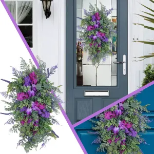 Spring Artificial Floral Swag Wreath, Purple Tulip Hydrangea Lilac Hyacinth Arrangement for Front Door & Home Decoration