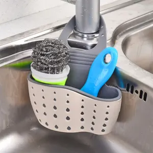 1 Piece Kitchen Sink Caddy Sponge Holder, Silicone Soap Holder with Adjustable Hanging Strap and Drain Holes, Green, 13 x 22 cm