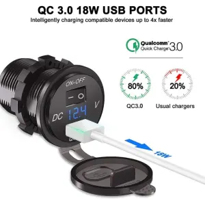 QC 3.0 Car USB Socket 12V 24V Waterproof Charger with Switch and LED Voltmeter