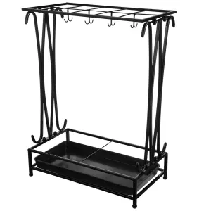 Metal Umbrella Rack Stand with Tray, 10 Slots 8 Hooks Umbrella Holder for Indoor Entryway Office Hotel Cafe, Black Finish
