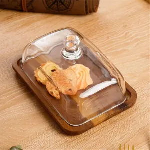 Glass Butter Dish with Lid, Clear Domed Cheese Dish with Handle, Large Butter Keeper Saver with Cover for Table, Kitchen Countertop, Refrigerator (Acacia wood+lid)