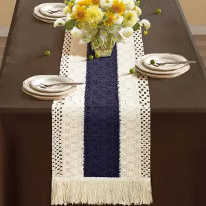 2-Pack Table Runner MX05, Cotton Trim on Both Sides, Blue Center, With Tassels
