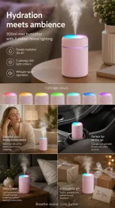 USB Mini Humidifier 300ML Dual Cotton Wicks Black Boxed, Bedroom Gift