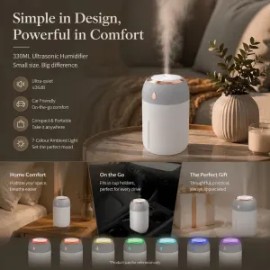 USB Colour Light Mini Humidifier 330ML Grey, Stocking Filler Gift