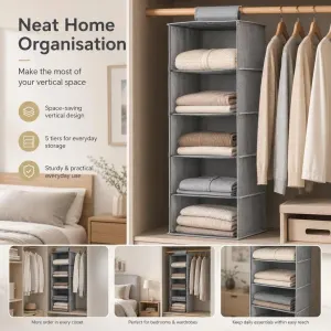 Cotton Linen Multi-Tier Hanging Garment Caddy, 5 Tier, Grey, Easy Clothing Organisation