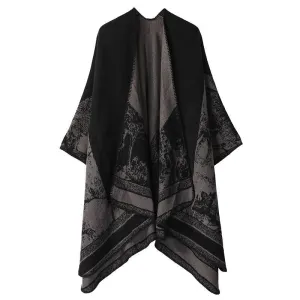 Relaxed Fit Faux Cashmere Outfit Shawl, Cute Forest Deer Motif, Muted Black Grey