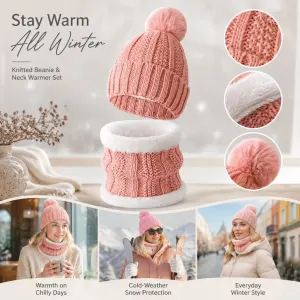 Cute Cold Ski Surprise Insulated Thick Knit Hat 2 Set Pink, Cosy Accessory For Ski Resort Camping