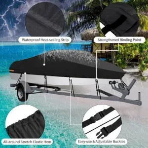 190T Polyester Taffeta V-Hull Boat Cover, Outdoor Waterproof Sun Shield For Yacht, Dust Resistant Hull Protector, Black, Fits 20-22FT, 700cm*320cm, Suitable For Open Air Storage