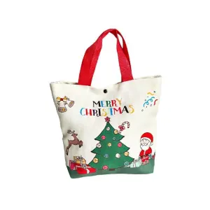 Cartoon Christmas Eve Polyester Carry Bag, Festive Hand Tote Bag, Practical Gift Packaging Sack for Holiday Presents, Red Handle