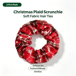Cute Christmas Pattern Cloth Scrunchies Hair Rings, 2Pcs Set Casual Hair Decor for Holiday Matching & Christmas Handmade Gift, Style 5