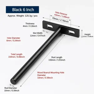 6″ Black Hidden T Shelf Bracket 4Pcs w/ 5×60&5×80 Screws
