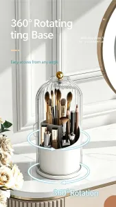 Rotatable Birdcage Vanity & Desktop Organiser, Dustproof Compartment Storage for Cosmetics, Stationery, Toothpaste, Knives, Forks & Spoons, Transparent Grey, 2 Pack, Christmas & Halloween Multi-scene Gift
