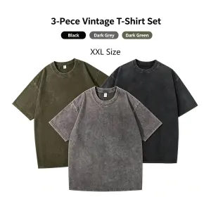 Three‑Pack Heavyweight Washed Retro Cotton T‑Shirt Unisex Value Set Perfect Christmas Present Black Dark Grey Army Green Size XXL